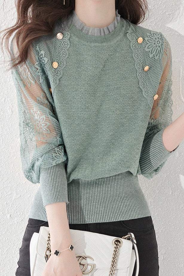 Button decoration flower tulle sleeve knit tops in 3 colors