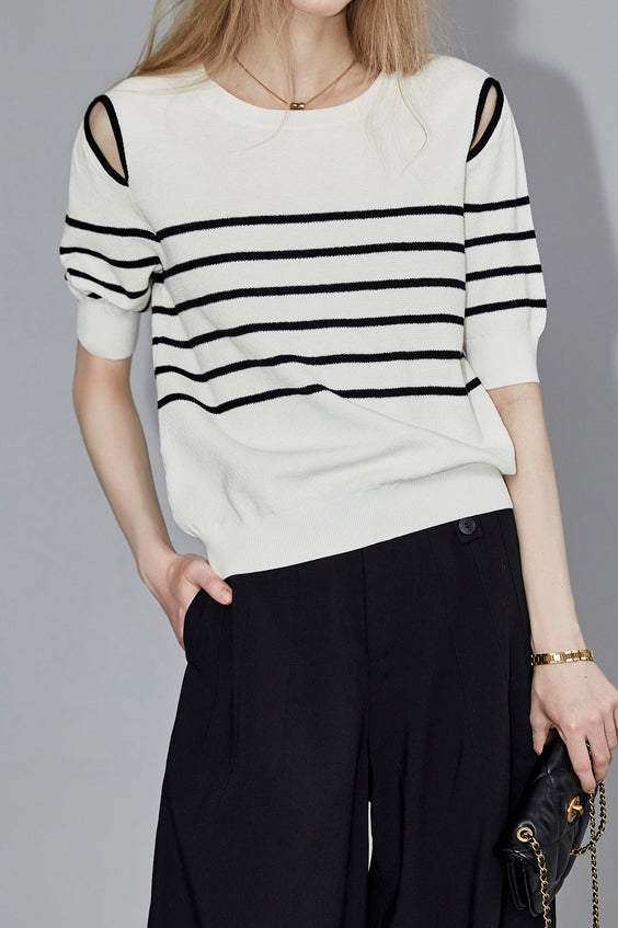 Off-the-shoulder cut-out striped knit tops