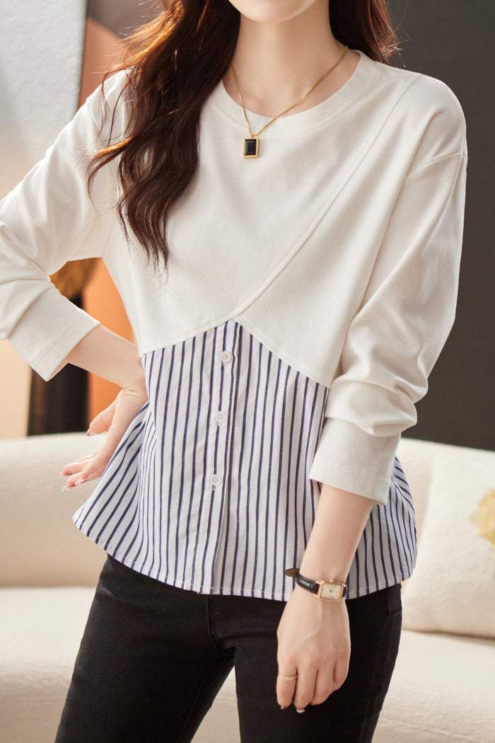 Different material stripe switching drop shoulder sweatshirt