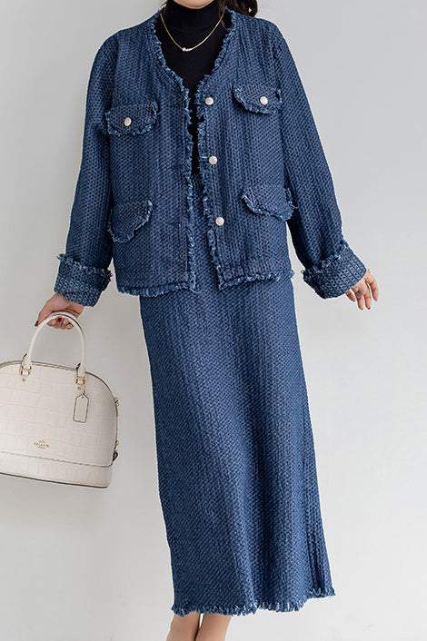 Two-piece set: round neck fringe decoration denim jacket + fringe deco