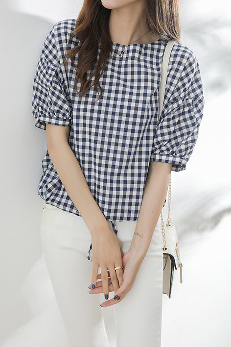 Plaid puff sleeve discount blouse