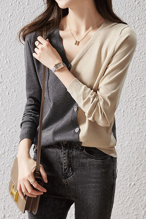 V-neck irregular bicolor knit tops, 3 colors included