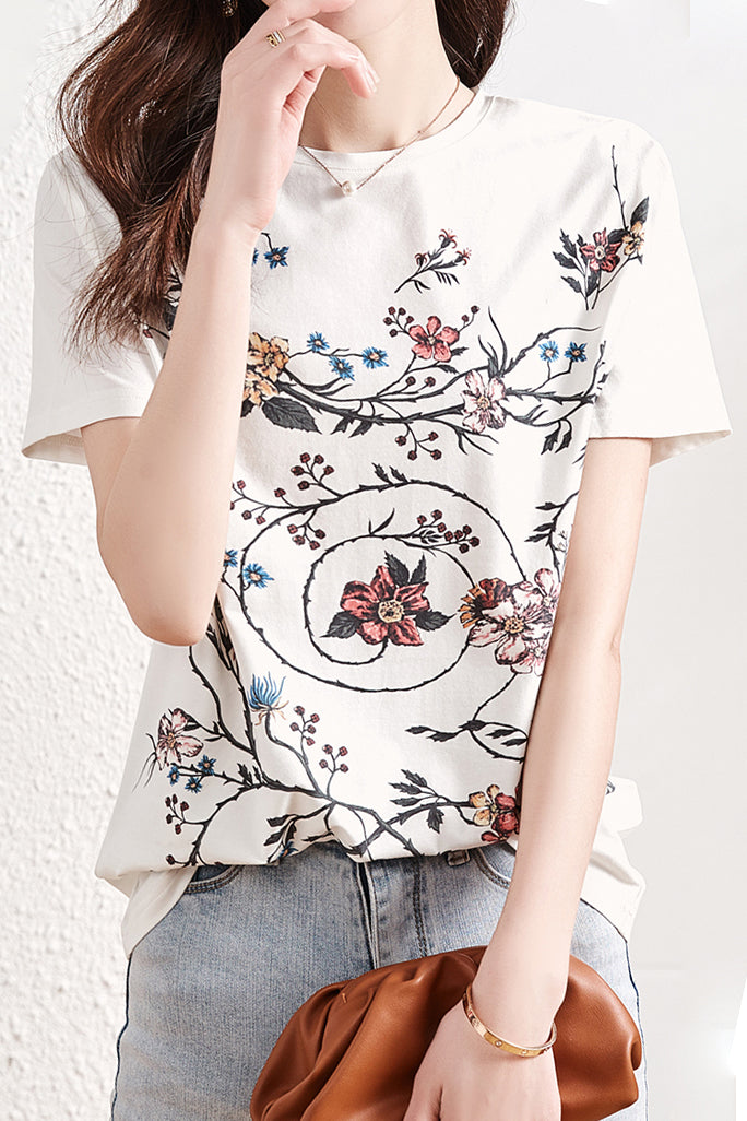 Round neck flower print T-shirt