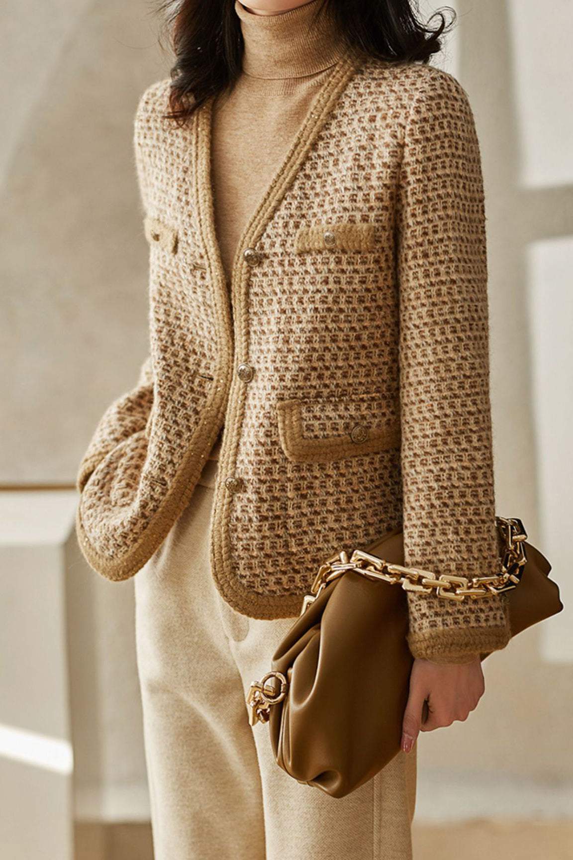 Chanel-style V-neck rope-decorated tweed jacket with lining