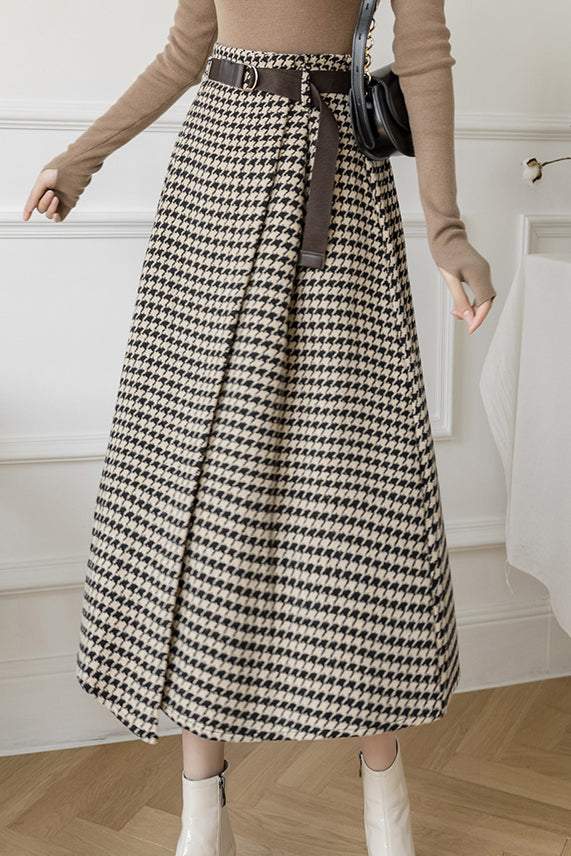 High waist check long wrap flare skirt in 4 colors