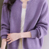 Pearl-decorated knitted sweater cardigan