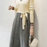 Turtleneck Knit Patchwork Plaid Midi Dress