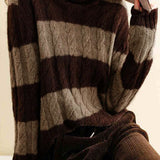 Color-Block Striped Cable Knit Turtleneck Sweater