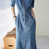 Gaun denim mermaid belahan hadapan V-neck