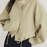 Elegant stand-collar short trench coat.