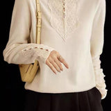 Lace and Pearl Embellished Knit Sweater