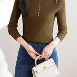 Pearl-Embellished Mock Neck Knit Sweater