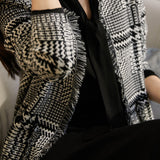 No-Collar Houndstooth Fringed Knit Cardigan