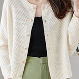 Textured Crew Neck Long Sleeve Knit Cardigan