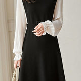 French-style spliced long-sleeved dress