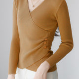 V-Neck Front Cross Side Gathered Button Decor Knit - 4 Colors Available