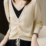 Cutout Jacquard Two-tone V-Neck Faux-Layer Knit Sweater