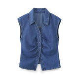 Skipper Collar Gathered Denim Gilet