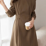 Round Neck Rib Hem Belted Dress