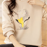 Round Neck Rib Hem 3D Floral Beaded Decor Sweatshirt