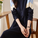 Casual Chic Contrast Panel Gathered Waist Relaxed Hooded Dress