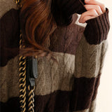 Color-Block Striped Cable Knit Turtleneck Sweater