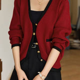 V-neck color-blocked Chanel-style long-sleeved knitted sweater