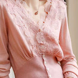 V-Neck Embroidered Lace Decor Knit Cardigan - 3 Colors Available