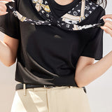ラウンドネックスカーフ装飾Tシャツ - liwisi