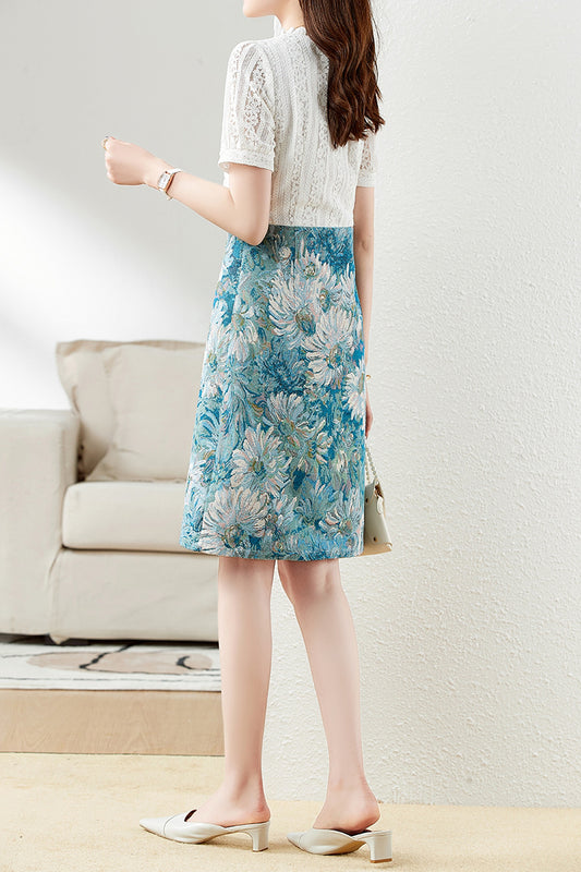 V-neck lace docking sunflower print long dress with lining
