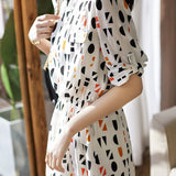 Band Collar Geometric Print Flap Decor Flare Dress with Lining