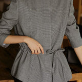 Woven Retro Gray Houndstooth Tie-Waist Jacket