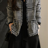 No-Collar Houndstooth Fringed Knit Cardigan