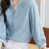 Skipper Collar Covered Button Embroidered Blouse