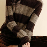 Color-Block Striped Cable Knit Turtleneck Sweater