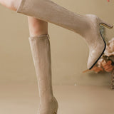 Suede pointed-toe chunky heel over-the-knee boots.