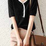 Bi-Color V-Neck Button Decor Knit Top