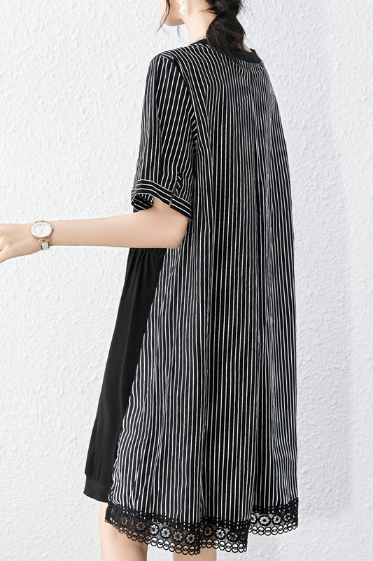 Lace decorative striped switching asymmetric dress with lining