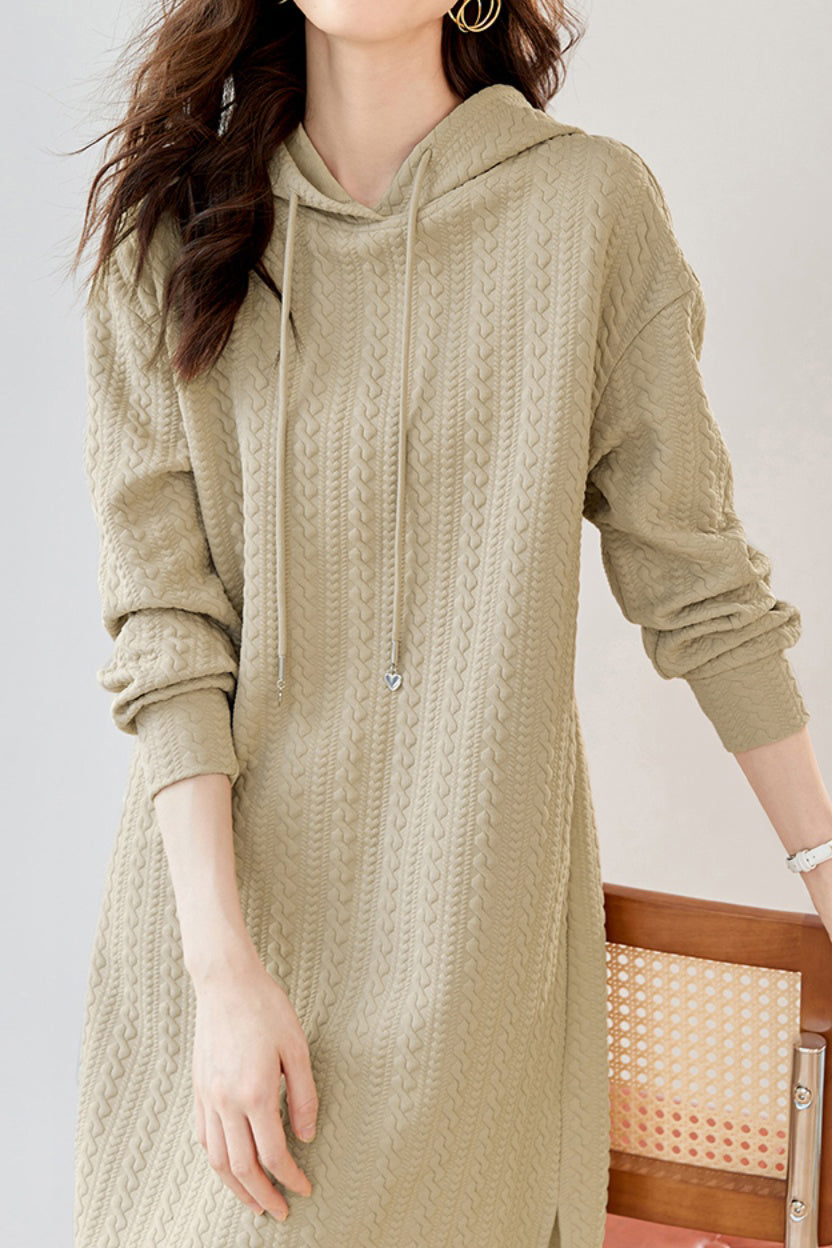 Hooded side slit Aran pattern hoodie dress