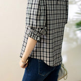 Ruffle Decor Round Neck Check Blouse