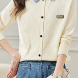 Mixed Material Shirt Collar Striped Logo Embroidered Knit Cardigan - 3 Colors Available