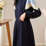 Casual Chic Contrast Panel Gathered Waist Relaxed Hooded Dress