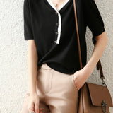 Bi-Color V-Neck Button Decor Knit Top