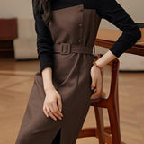 Elegant Midi-Length Long Sleeve Dress with Waist Belt