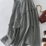 Asymmetrical Contrast Ruffle Decor Long Check Skirt