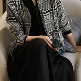 No-Collar Houndstooth Fringed Knit Cardigan