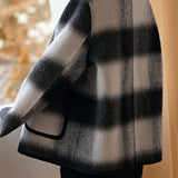 No-Collar Check Pattern Double Button Melton Jacket with Lining