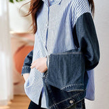 Casual Two-Piece Set: Denim Patchwork Striped Shirt + Denim Vest