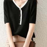 Bi-Color V-Neck Button Decor Knit Top