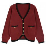 V-neck color-blocked Chanel-style long-sleeved knitted sweater